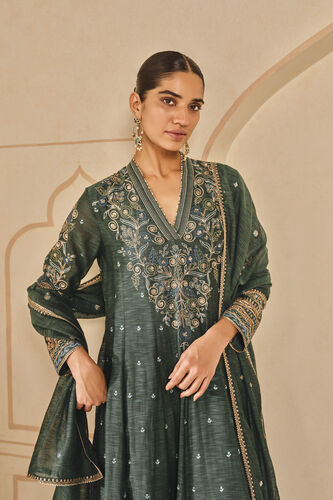 Zunaira Embroidered Mul Anarkali Set, Emerald, image 4